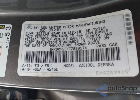 2007 Toyota Corolla Le из США, поврежденный, VIN 1NXBR32EX7Z889574